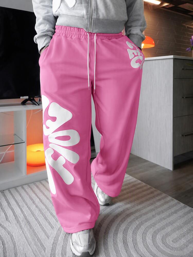 Harrin Don Harrin Don Men's Letter Print Contrast Color Drawstring Waist Sweatpants - Baby Pink - View 5