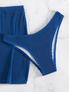 SHEIN Swim Summer Beach Rib Bikini Set Cut-Out Underwire Bra & High Cut Bottom & Beach Skirt 3 Piece Bathing Suit - Royal Blue - View 8