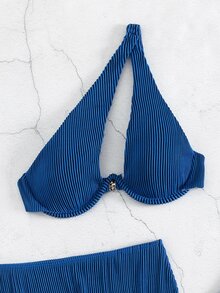 SHEIN Swim Summer Beach Rib Bikini Set Cut-Out Underwire Bra & High Cut Bottom & Beach Skirt 3 Piece Bathing Suit - Royal Blue - View 7