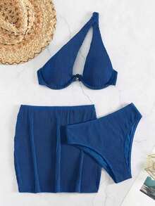 SHEIN Swim Summer Beach Rib Bikini Set Cut-Out Underwire Bra & High Cut Bottom & Beach Skirt 3 Piece Bathing Suit - Royal Blue - View 5