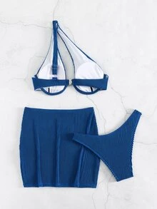 SHEIN Swim Summer Beach Rib Bikini Set Cut-Out Underwire Bra & High Cut Bottom & Beach Skirt 3 Piece Bathing Suit - Royal Blue - View 2