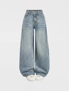 SHEIN Girlism 青少年女孩復古藍色丹寧寬鬆長褲 Y2K 秋季冬季休閒服飾 - 中等水洗藍 - 查看 3