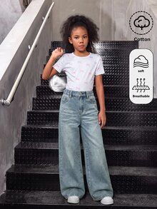 SHEIN Girlism 青少年女孩復古藍色丹寧寬鬆長褲 Y2K 秋季冬季休閒服飾 - 中等水洗藍 - 查看 5