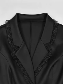 Linhara CURVE Women's Plus Size Black Blazer & Skirt Set With Ruffle Trim And Waist Cinched, French Style Ruffle Blazer & Skirt 2 Pieces Set, Black Blazer & Skirt Outerwear 2 Pieces Set, Blazer Suit - Black - View 6