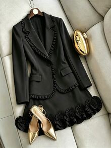 Linhara CURVE Women's Plus Size Black Blazer & Skirt Set With Ruffle Trim And Waist Cinched, French Style Ruffle Blazer & Skirt 2 Pieces Set, Black Blazer & Skirt Outerwear 2 Pieces Set, Blazer Suit - Black - View 1