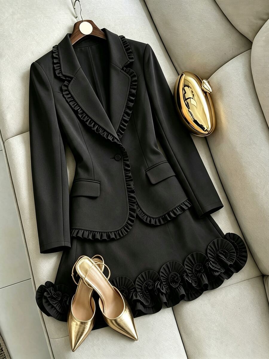 Linhara CURVE Women's Plus Size Black Blazer & Skirt Set With Ruffle Trim And Waist Cinched, French Style Ruffle Blazer & Skirt 2 Pieces Set, Black Blazer & Skirt Outerwear 2 Pieces Set, Blazer Suit - Black - View 1