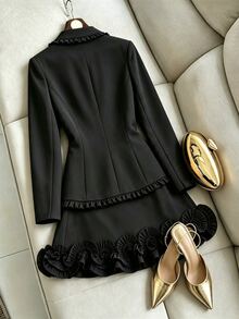Linhara CURVE Women's Plus Size Black Blazer & Skirt Set With Ruffle Trim And Waist Cinched, French Style Ruffle Blazer & Skirt 2 Pieces Set, Black Blazer & Skirt Outerwear 2 Pieces Set, Blazer Suit - Black - View 2