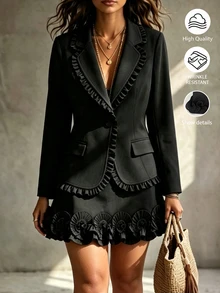 Linhara CURVE Women's Plus Size Black Blazer & Skirt Set With Ruffle Trim And Waist Cinched, French Style Ruffle Blazer & Skirt 2 Pieces Set, Black Blazer & Skirt Outerwear 2 Pieces Set, Blazer Suit - Black - View 3