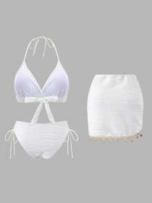 Swim Oasis Women's Summer Beach Vacation White Textured Shell-Tassel Bikini Set With Drawstring Beach Skirt - White - View 2