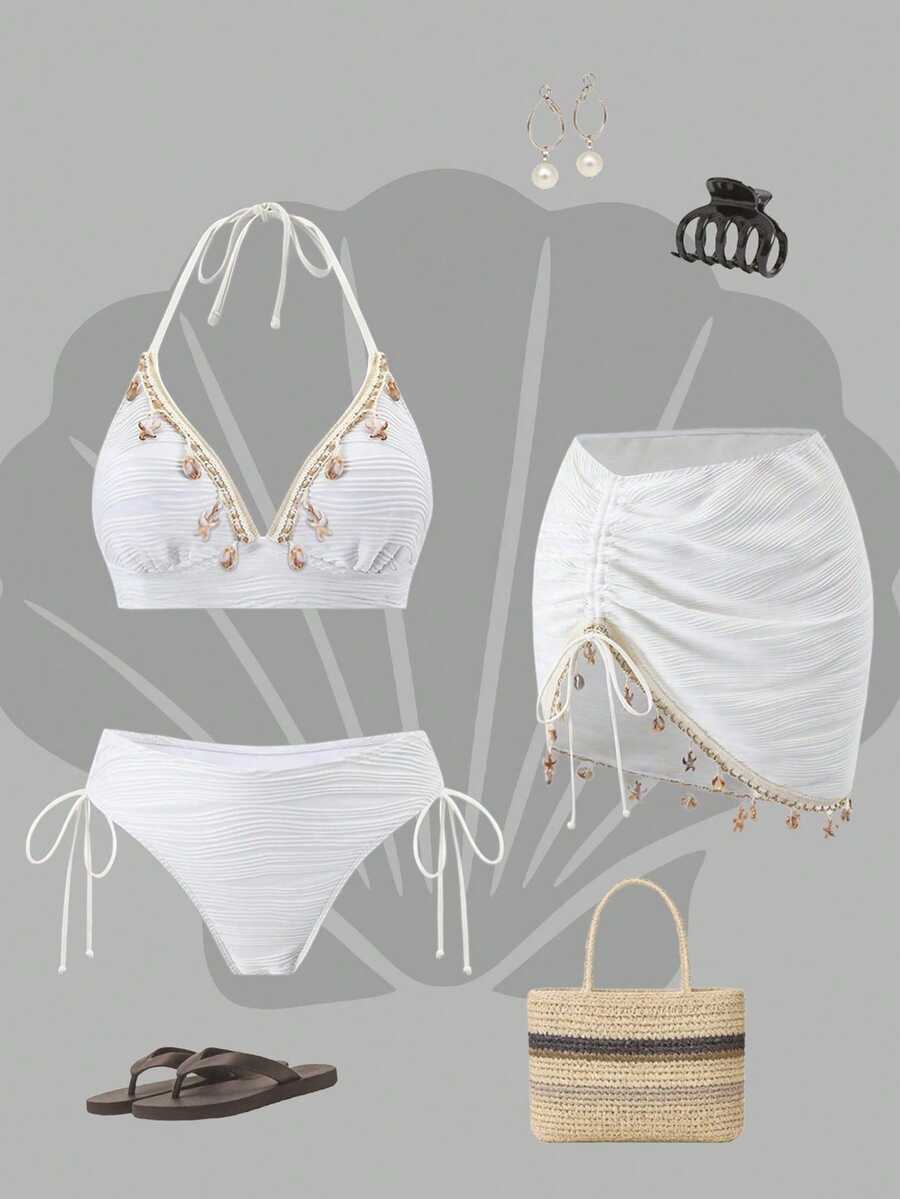 Swim Oasis Women's Summer Beach Vacation White Textured Shell-Tassel Bikini Set With Drawstring Beach Skirt - White - View 1