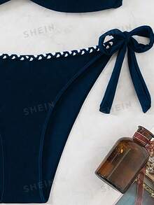 SHEIN Swim Women's Summer Beach Solid Color Pleated Bandeau Bikini Set - Navy Blue - View 7