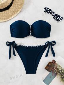 SHEIN Swim Women's Summer Beach Solid Color Pleated Bandeau Bikini Set - Navy Blue - View 4