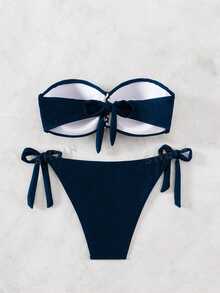 SHEIN Swim Women's Summer Beach Solid Color Pleated Bandeau Bikini Set - Navy Blue - View 5