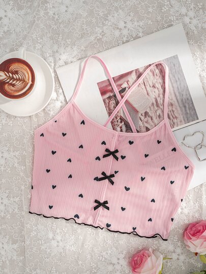 SHEIN Casual Underwear&Sleepwear Women Heart Print Bow Decor Pajama Top