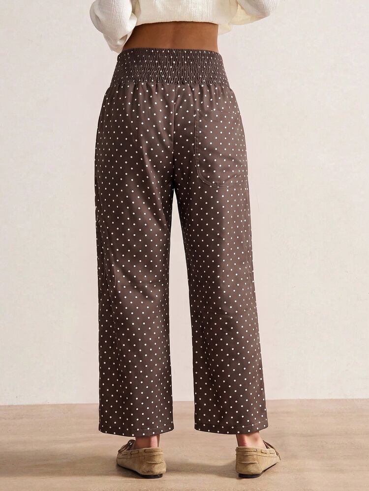 Bohemela Women's Waist-Gathered Polka Dot Pattern Tapered Long Pants - Black and White - View 2