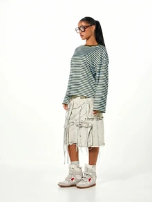 SUMWON WOMEN Oversized Long Sleeve Striped T-Shirt Crew Neck Casual Relaxed Fit Drop Shoulder Top - Chocolate Brown - View 3