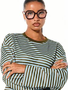 SUMWON WOMEN Oversized Long Sleeve Striped T-Shirt Crew Neck Casual Relaxed Fit Drop Shoulder Top - Chocolate Brown - View 4