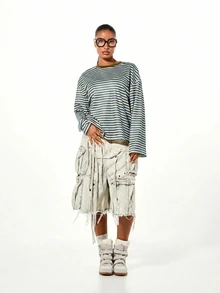 SUMWON WOMEN Oversized Long Sleeve Striped T-Shirt Crew Neck Casual Relaxed Fit Drop Shoulder Top - Chocolate Brown - View 5