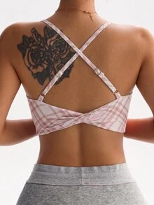 Sovereign Charm Women's Plaid Button Design Criss-Cross Back Sports Bra - Multicolor - View 4