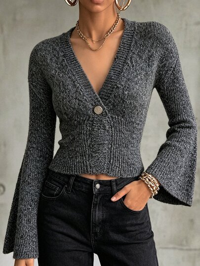 Trelyra Casual French Slim Fit V-Neck Long Sleeve Knitted Cardigan With Cinched Waist And Bell Sleeve,Grey,Fall Winter 2026, Christmas, New Year, Party,Social