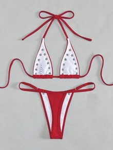 Modviera Deep Red Halter Tie Back Bikini Set With Thong Bottoms And Stud Details Beach Summer - Red - View 3