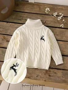 Cozy Pixies Baby Girl Baby Boy Unisex Deer Pattern High Neck Cable Knit Long Sleeve Pullover Sweater Soft Versatile Comfortable Suitable For Autumn/Winter - Apricot - View 1