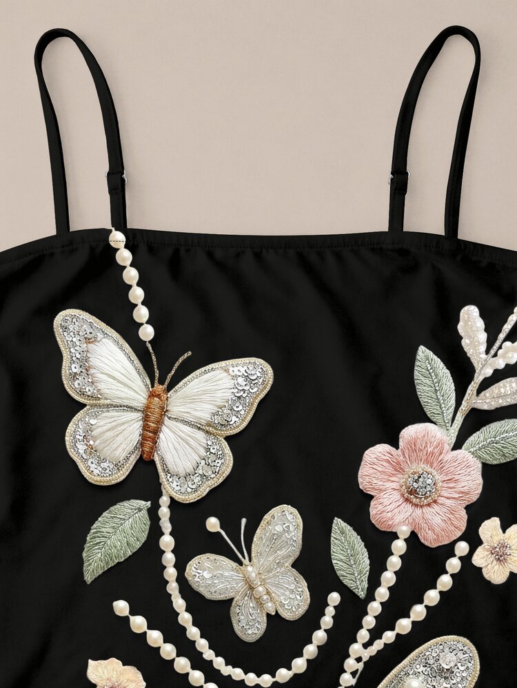 Resyla Women's Faux Pearl Decorated Floral Butterfly Embroidery Pattern Casual Party Spaghetti Strap Dress - Multicolor - View 5