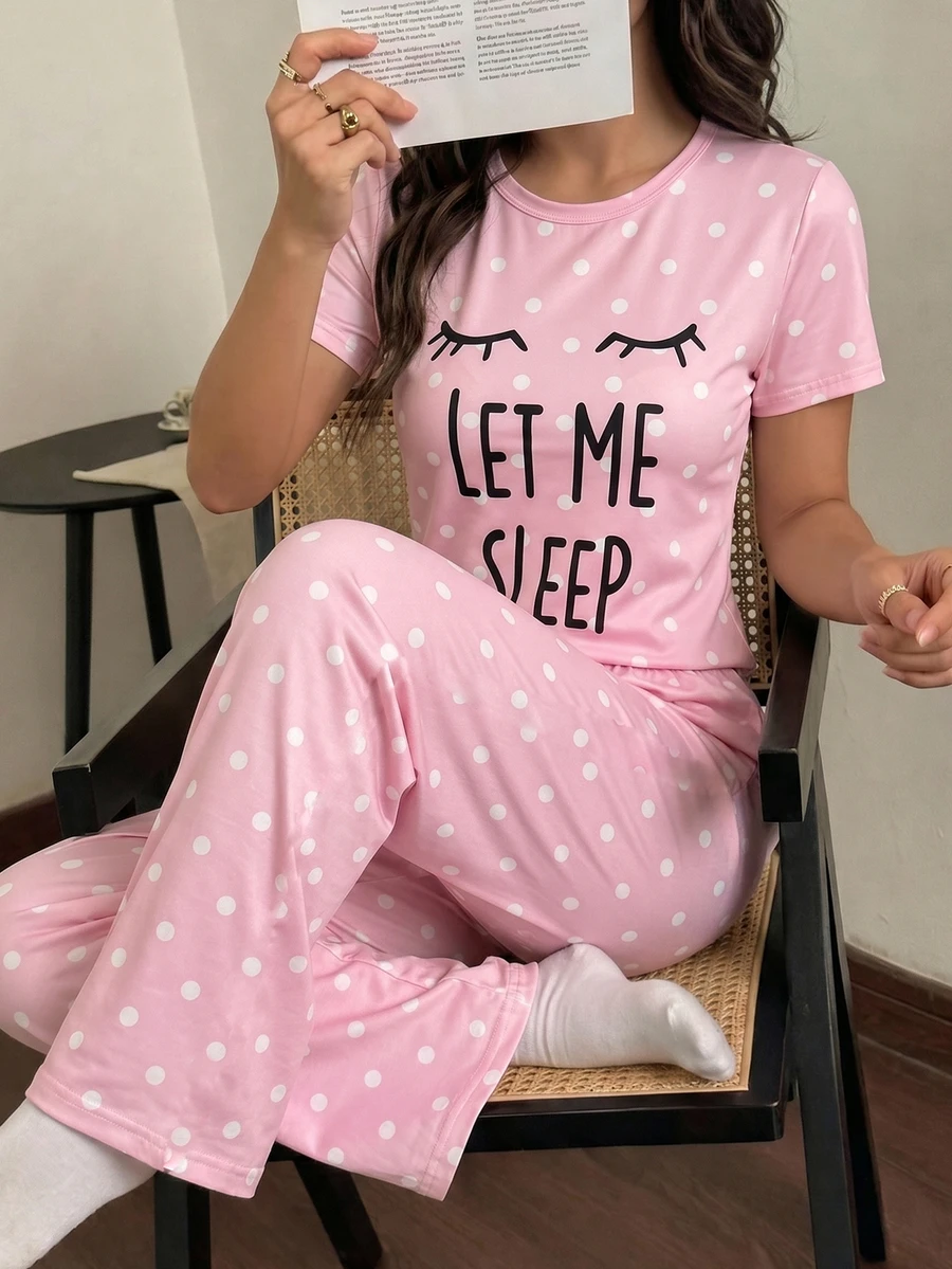 青少年女孩 2 件套夏季韓式甜美粉色波點印花圓領短袖長褲家居服，柔軟牛奶絲針織面料