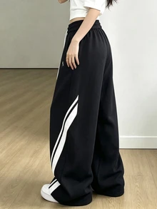 SHEIN Striped Woven Trim Fashion Minimalist Women's Long Pants, Gift For Friends - Black - View 3