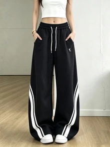 SHEIN Striped Woven Trim Fashion Minimalist Women's Long Pants, Gift For Friends - Black - View 4