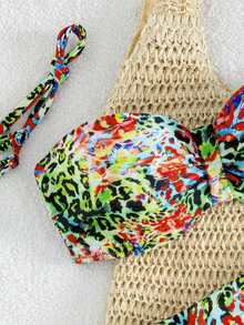 Swim Lushoire Tropical Floral Print Spaghetti Strap Ruched Bust Bandeau Bikini Swimwear Set, For Summer Vacation - Multicolor - View 6