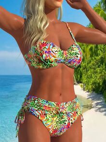 Swim Lushoire Tropical Floral Print Spaghetti Strap Ruched Bust Bandeau Bikini Swimwear Set, For Summer Vacation - Multicolor - View 7