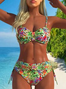 Swim Lushoire Tropical Floral Print Spaghetti Strap Ruched Bust Bandeau Bikini Swimwear Set, For Summer Vacation - Multicolor - View 1