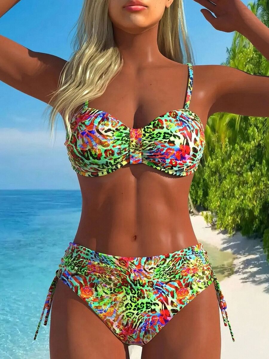 Swim Lushoire Tropical Floral Print Spaghetti Strap Ruched Bust Bandeau Bikini Swimwear Set, For Summer Vacation - Multicolor - View 1