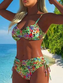 Swim Lushoire Tropical Floral Print Spaghetti Strap Ruched Bust Bandeau Bikini Swimwear Set, For Summer Vacation - Multicolor - View 3