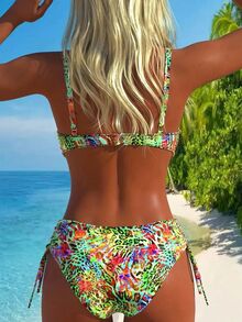 Swim Lushoire Tropical Floral Print Spaghetti Strap Ruched Bust Bandeau Bikini Swimwear Set, For Summer Vacation - Multicolor - View 2