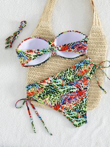 Swim Lushoire Tropical Floral Print Spaghetti Strap Ruched Bust Bandeau Bikini Swimwear Set, For Summer Vacation - Multicolor - View 5