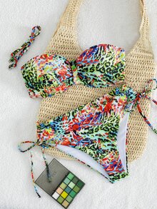 Swim Lushoire Tropical Floral Print Spaghetti Strap Ruched Bust Bandeau Bikini Swimwear Set, For Summer Vacation - Multicolor - View 4