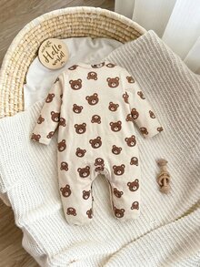 SHEIN Newborn Baby Cartoon Pattern Zipper Casual Daily Home Long Sleeve Jumpsuit Pajamas 2pcs Set Neutral - Coffee Brown - View 3