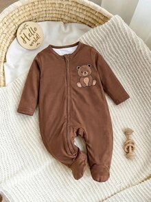 SHEIN Newborn Baby Cartoon Pattern Zipper Casual Daily Home Long Sleeve Jumpsuit Pajamas 2pcs Set Neutral - Coffee Brown - View 2