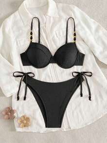 Swim Chiccia 女士纯色钢圈文胸吊带珍珠装饰三角裤侧系带两件套 - 黑色 - 查看 3