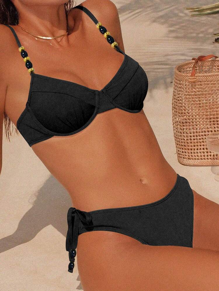 Swim Chiccia Women's Solid Color Steel Bra Spaghetti Strap Pearl Decor Triangle Panty Side Tie 2-Piece Set - Black - View 1