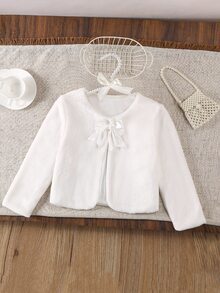 SHEIN 女童白色蝴蝶結毛絨外套 秋冬新款開襟衫，甜美時尚，適合日常穿搭、洋裝外搭與拍照造型 - 白色 - 查看 1