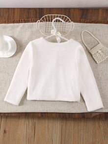 SHEIN 女童白色蝴蝶結毛絨外套 秋冬新款開襟衫，甜美時尚，適合日常穿搭、洋裝外搭與拍照造型 - 白色 - 查看 2
