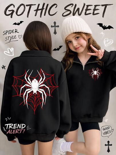 Fleece Lined! Tween Girls Vintage Dark Millennium Retro Gothic Spider Web Pattern Fleece Lined Half-Zip Drop Shoulder Sweatshirt, Y2K, Korean Style, Autumn Wear, Back To School, Grunge, Comfortable And Relaxed, Girls Winter Wear, Hippie Style, Music Festival, BM, American Retro Sweet, Streetwear Vibe