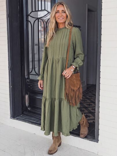 LanaWest Autumn Striped Ruffle Trim Round Neck Long Sleeve Casual Loose Petal Sleeve Army Green Western Bohemian Vacation Country Style Rayon Long Dress