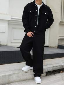 Manfinity EMRG Men's Dark Blue Denim 2 Pieces Set, Casual Jacket And Loose Fit Pants, Spring/Autumn - Black - View 7