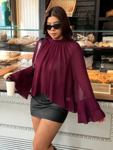 Vionelle بلوزة دول مقاس كبير بتصميم بسيط بلون موحد وياقة واقفة من الشيفون بطبقتين وأكمام طويلة واسعة بتأثير تنحيف متعددة الاستخدامات للتنقل اليومي - عنابي اللون - مشاهدة 3