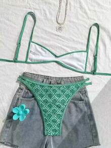 SHEIN Swim 女款夏季細肩帶性感比基尼度假緊身褲休閒印花隨機兩件式泳衣綠色音樂節Coachella - 綠色 - 查看 3