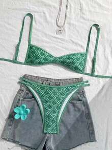 SHEIN Swim 女款夏季細肩帶性感比基尼度假緊身褲休閒印花隨機兩件式泳衣綠色音樂節Coachella - 綠色 - 查看 4